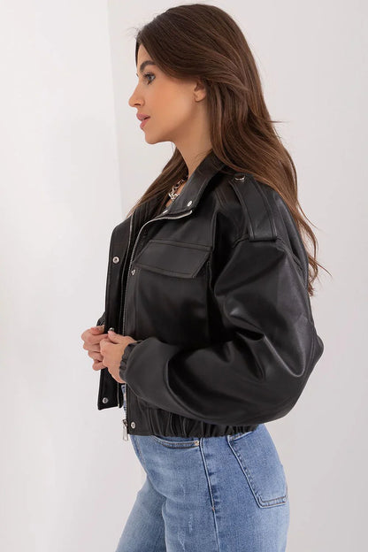 Women's Leather Jacket - With Pockets Chic Casual - Black
