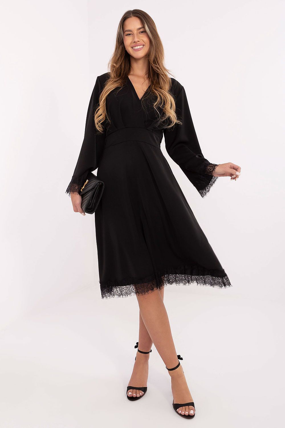 elegant lace v-neck long sleeves midi fit-and-flare dress, lace dress, long-sleeve dress, wrap dress, formal dress, evening dress, work dress - Guocali