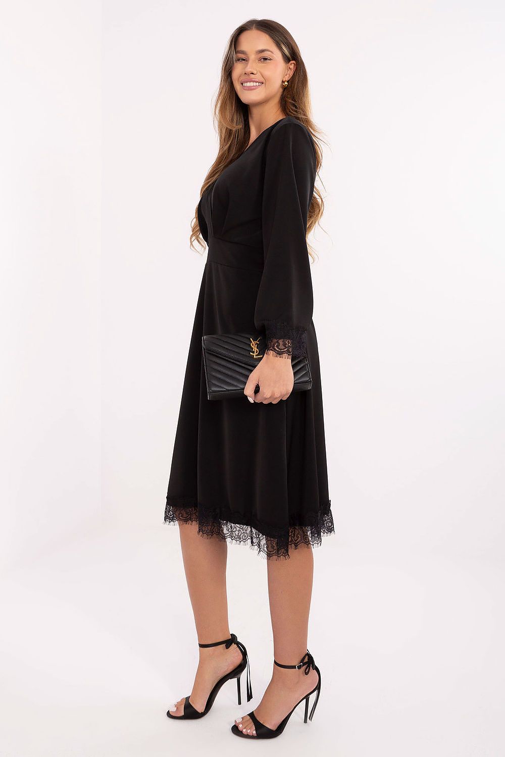 elegant lace v-neck long sleeves midi fit-and-flare dress, lace dress, long-sleeve dress, wrap dress, formal dress, evening dress, work dress - Guocali