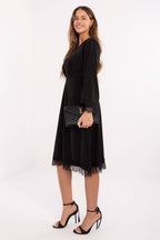 elegant lace v-neck long sleeves midi fit-and-flare dress, lace dress, long-sleeve dress, wrap dress, formal dress, evening dress, work dress - Guocali