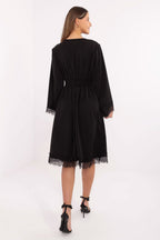 elegant lace v-neck long sleeves midi fit-and-flare dress, lace dress, long-sleeve dress, wrap dress, formal dress, evening dress, work dress - Guocali