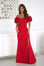 elegant solid sweetheart puff sleeves maxi maxi dress, formal dress, evening dress, wedding-guest dress, off-shoulder dress, draped dress, ruched dress, party dress - Guocali