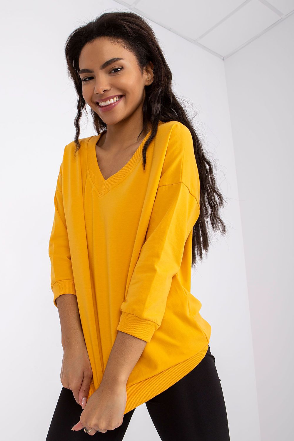 Women's Three-Quarter Sleeve Blouse - Solid Hip Length