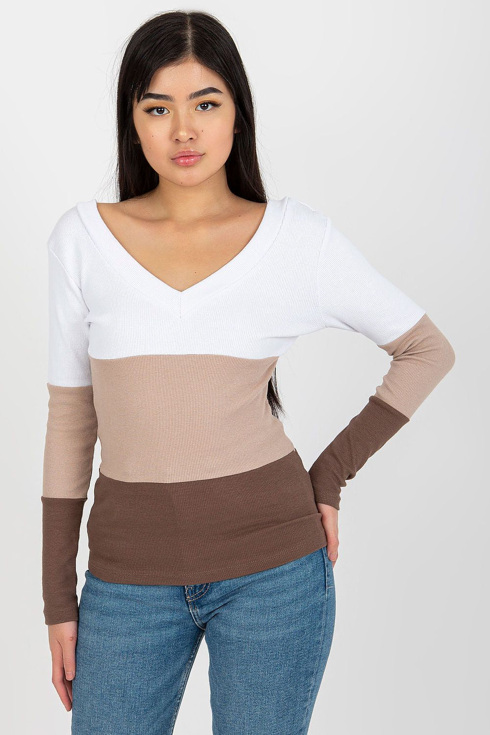 Women's Long Sleeve Blouse - Colorblock Waist Length