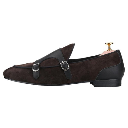 Dark Brown Suede Monk Strap Loafers - Men Shoes - Loafer Shoes - Guocali