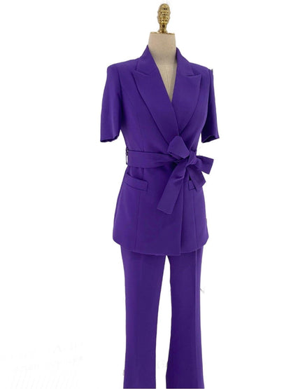 Dark Purple Short-Sleeved Belted Women Pant Suit - Pantsuit - Guocali