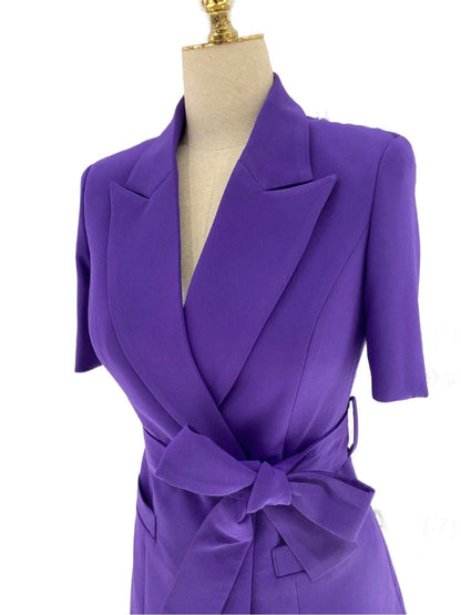 Dark Purple Short-Sleeved Belted Women Pant Suit - Pantsuit - Guocali