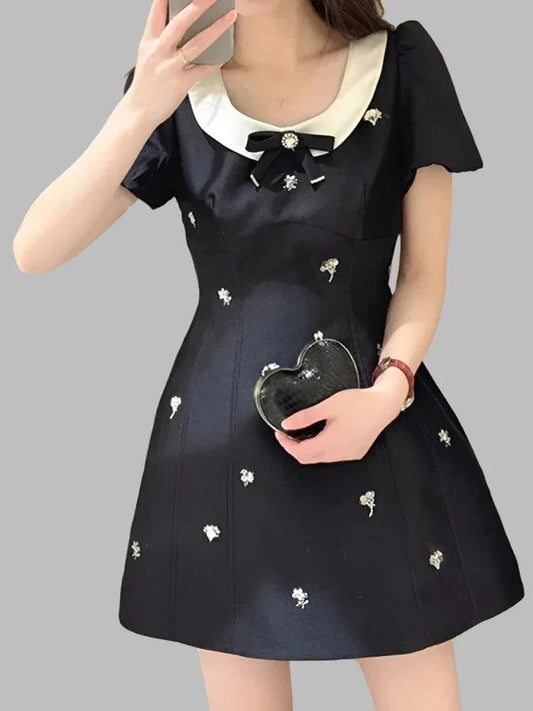 Diamond Studded Black A-Line Dress -Guocali