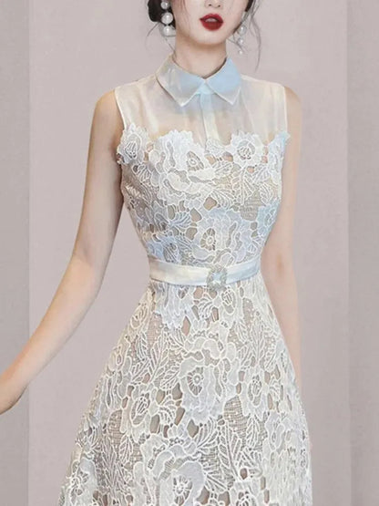 Doll Neck Patchwork Flower Lace Dress -Guocali
