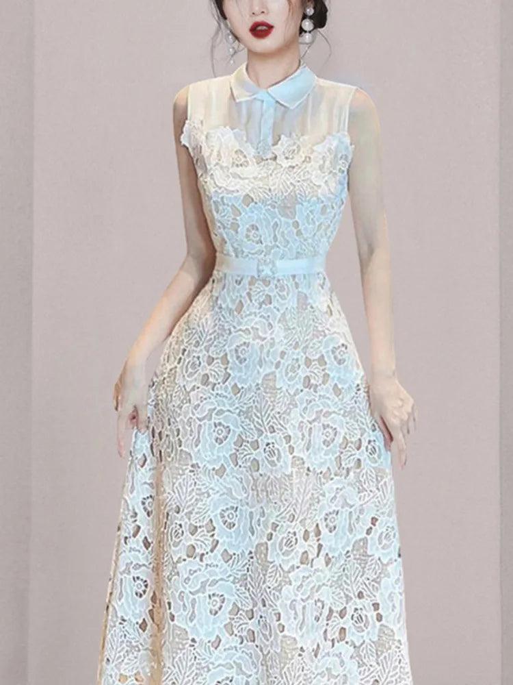 Doll Neck Patchwork Flower Lace Dress - Sleeveless Dress - Guocali