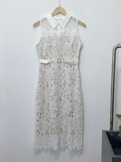 Doll Neck Patchwork Flower Lace Dress - Sleeveless Dress - Guocali