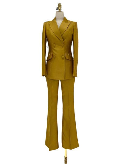 Double-Breasted Flared Pant Suit - Two-Piece Women Suit - Pantsuit - Guocali