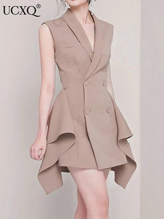 Double-Breasted Irregular Flounced Edge Dress - Sleeveless Dress - Guocali