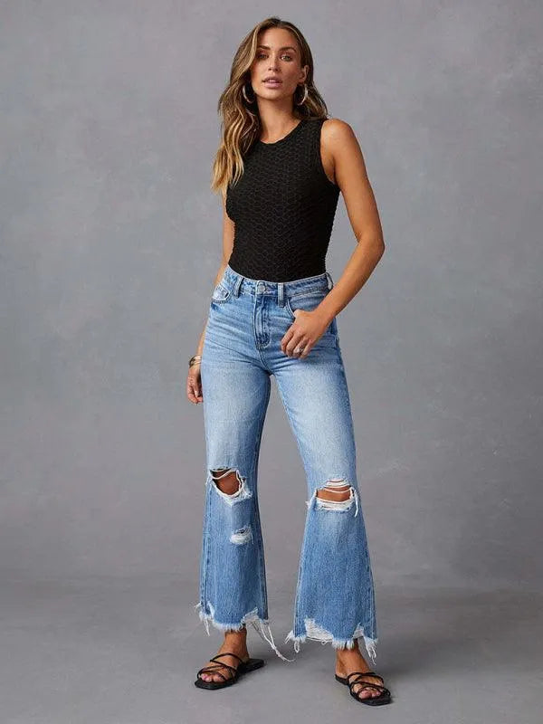 Edgy Women Jeans – High Rise Tassel Hem -Guocali