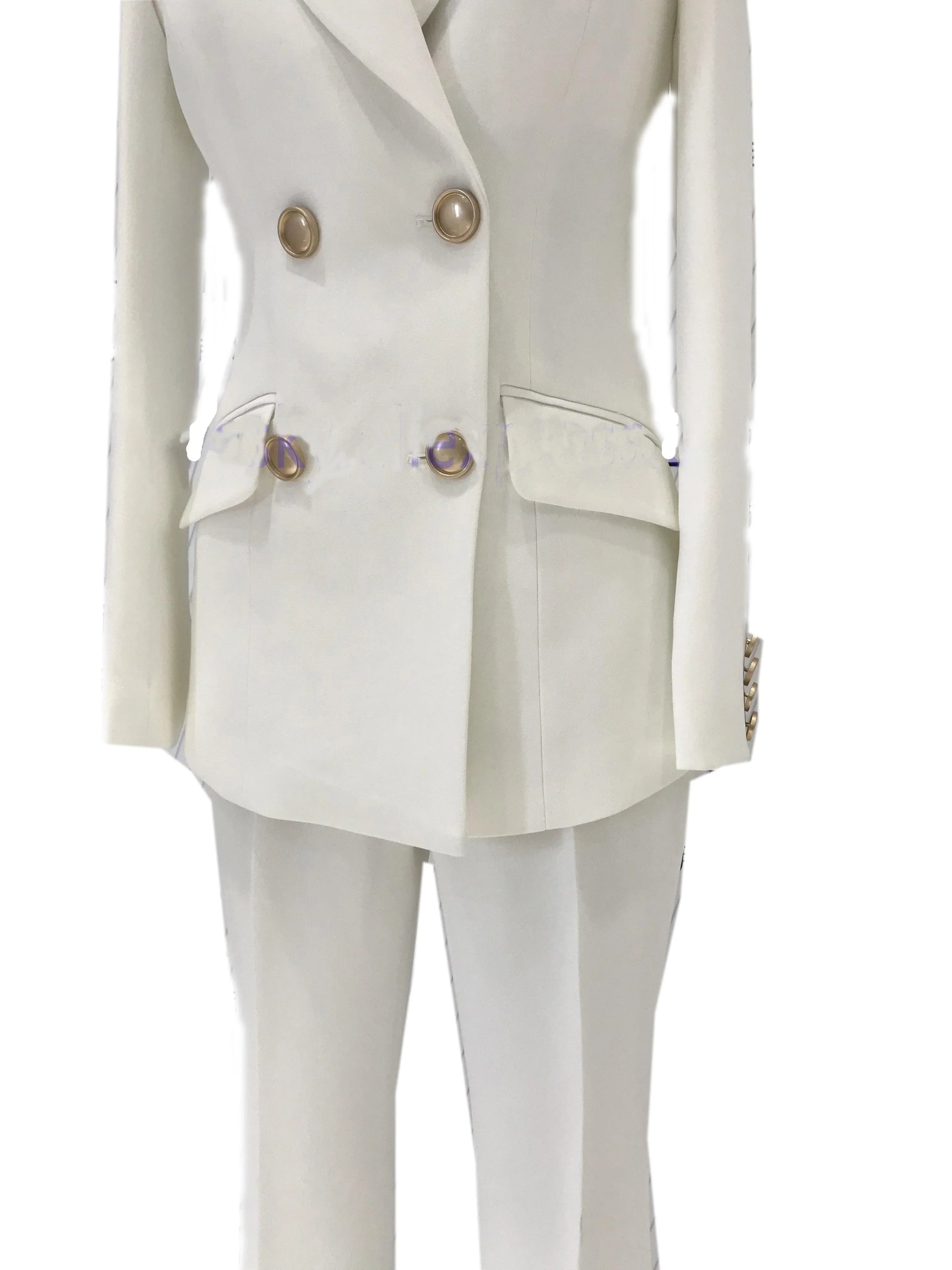 Elegant, Chic, Professional Women's Pant Suit - Solid Double-Breasted, White