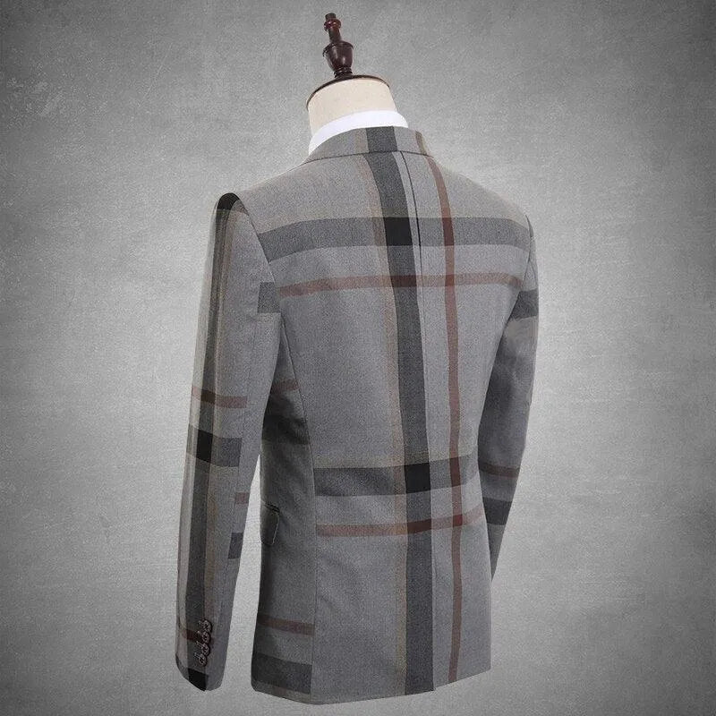 Elegant Men’s Suit - Plaid Single-Breasted, Grey