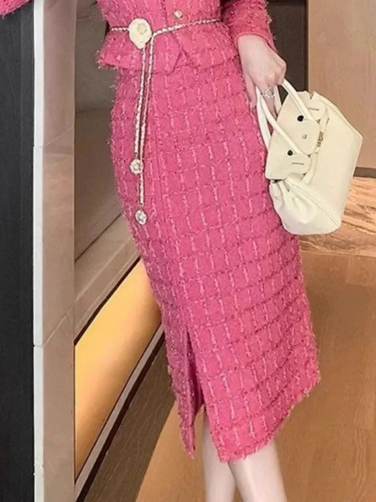 Elegant Pink Tweed Cardigan Skirt Suit -Guocali