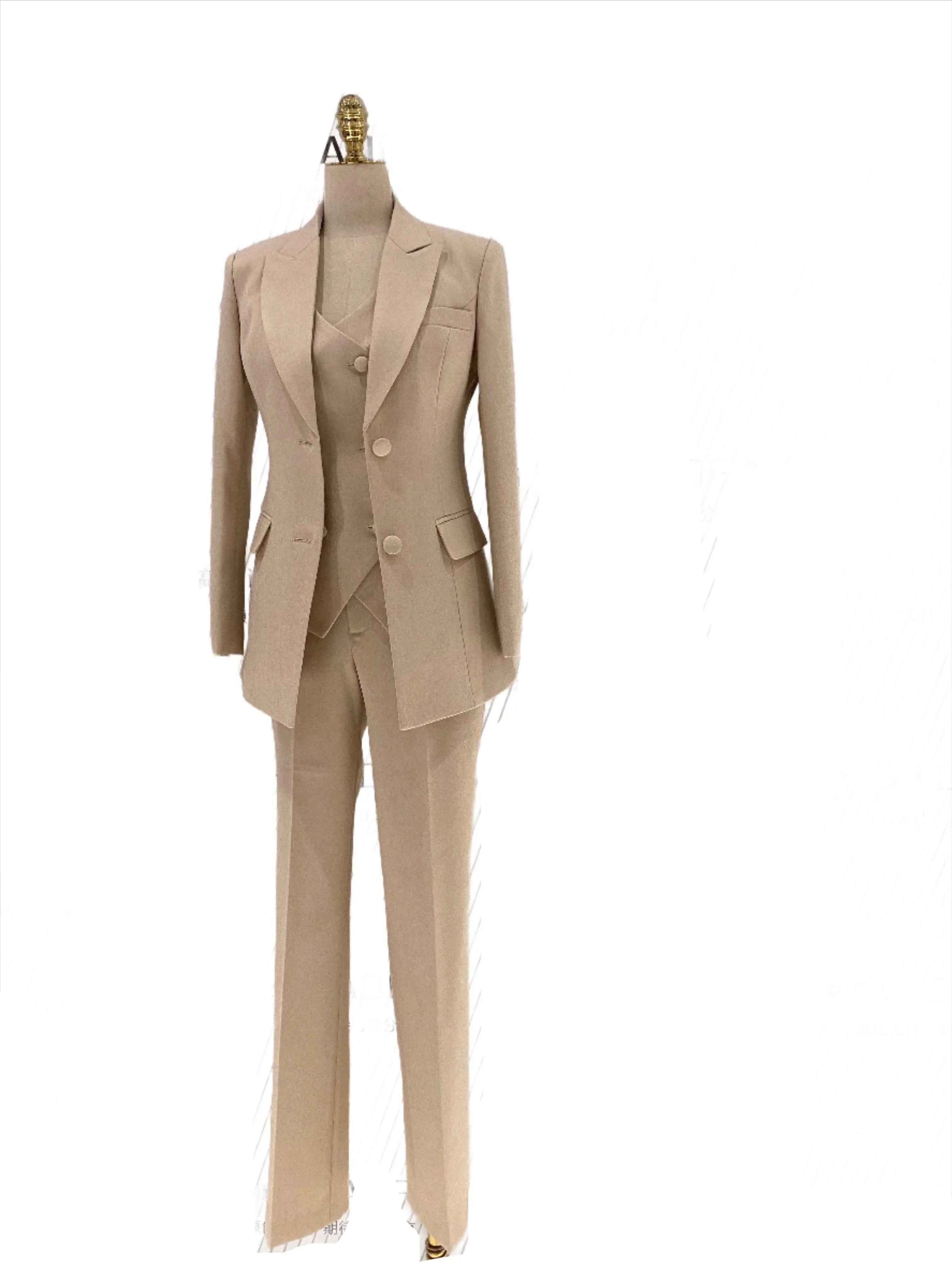 Elegant Professional Chic Women's Pant Suit - Solid Button - Khaki