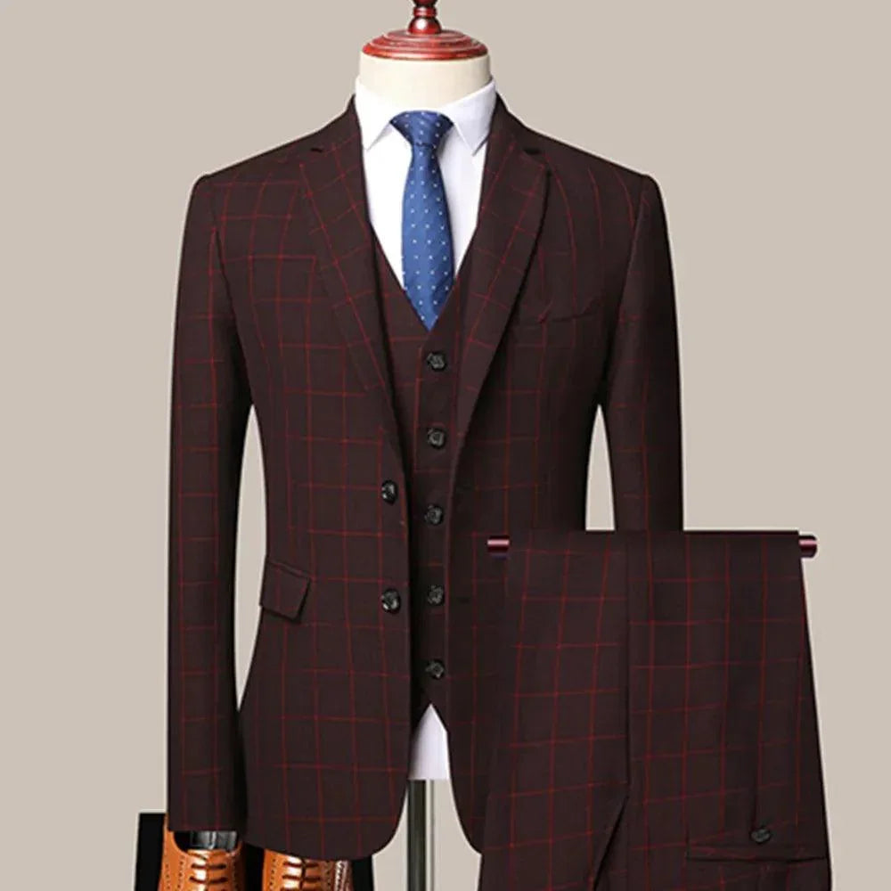 Elegant, Professional Men’s Suit - Plaid Single-Breasted - Burgundy