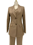 Elegant Professional Women's Pant Suit - Solid Button - Khaki