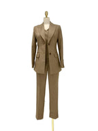 Elegant Professional Women's Pant Suit - Solid Button - Khaki