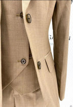 Elegant Professional Women's Pant Suit - Solid Button - Khaki
