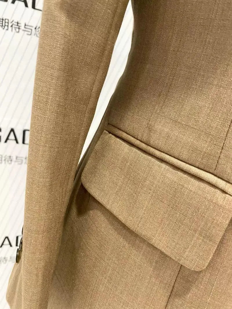 Elegant Professional Women's Pant Suit - Solid Button - Khaki