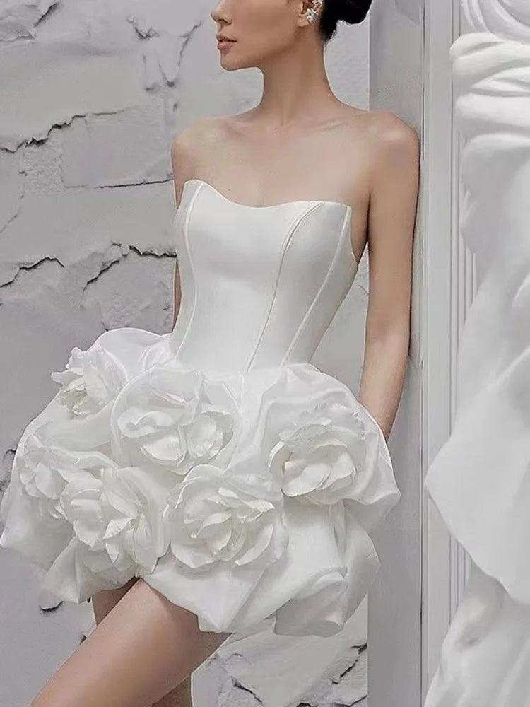 Elegant Strapless White Flower Short Dress - Short Dress - Guocali