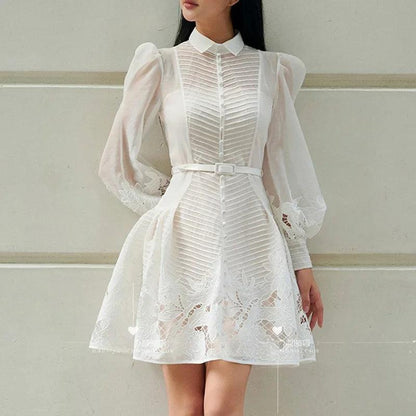 Elegant White Lace A-Line Dress - White Dress - Guocali