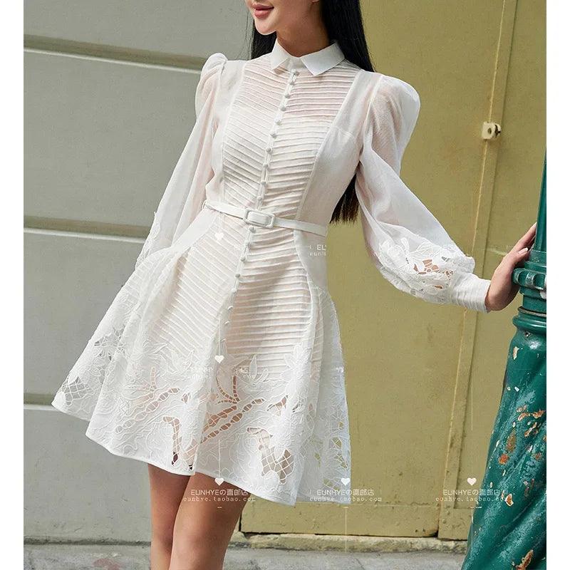 Elegant White Lace A-Line Dress - White Dress - Guocali