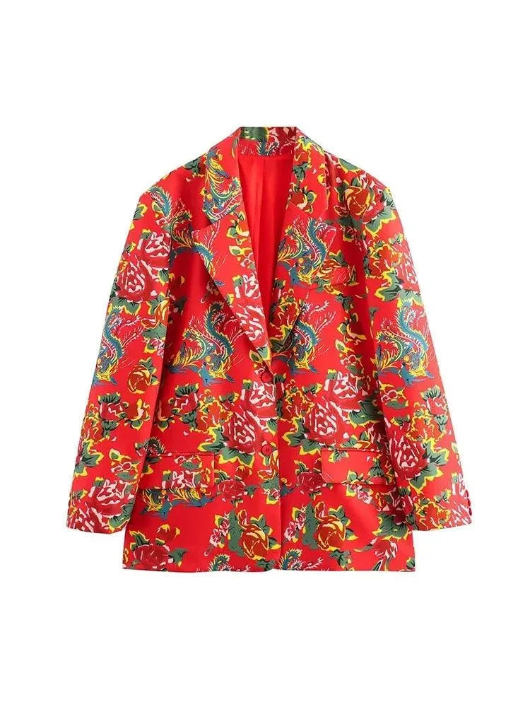 Elegant Women's Pant Suit - Floral Single-Breasted