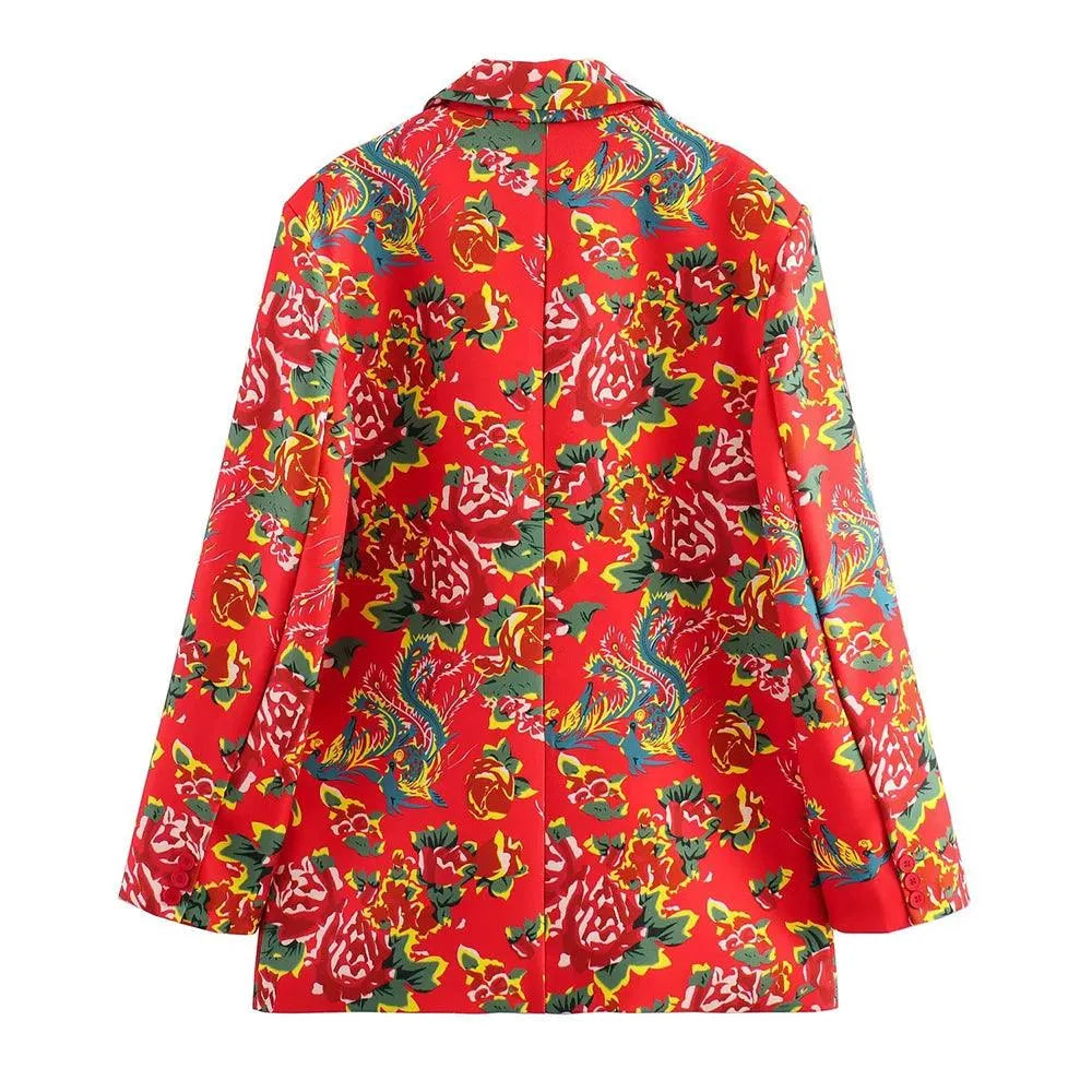 Elegant Women's Pant Suit - Floral Single-Breasted