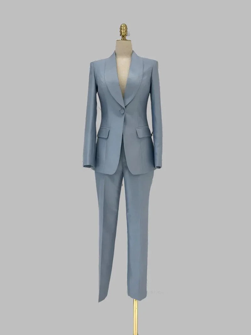 Elegant Women's Pant Suit - Solid Button, Green