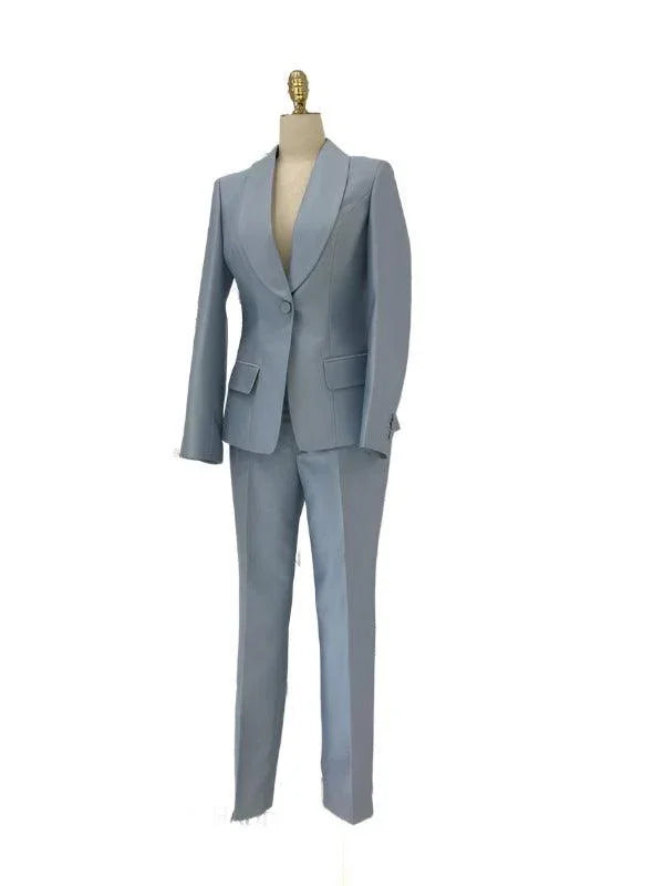 Elegant Women's Pant Suit - Solid Button, Green