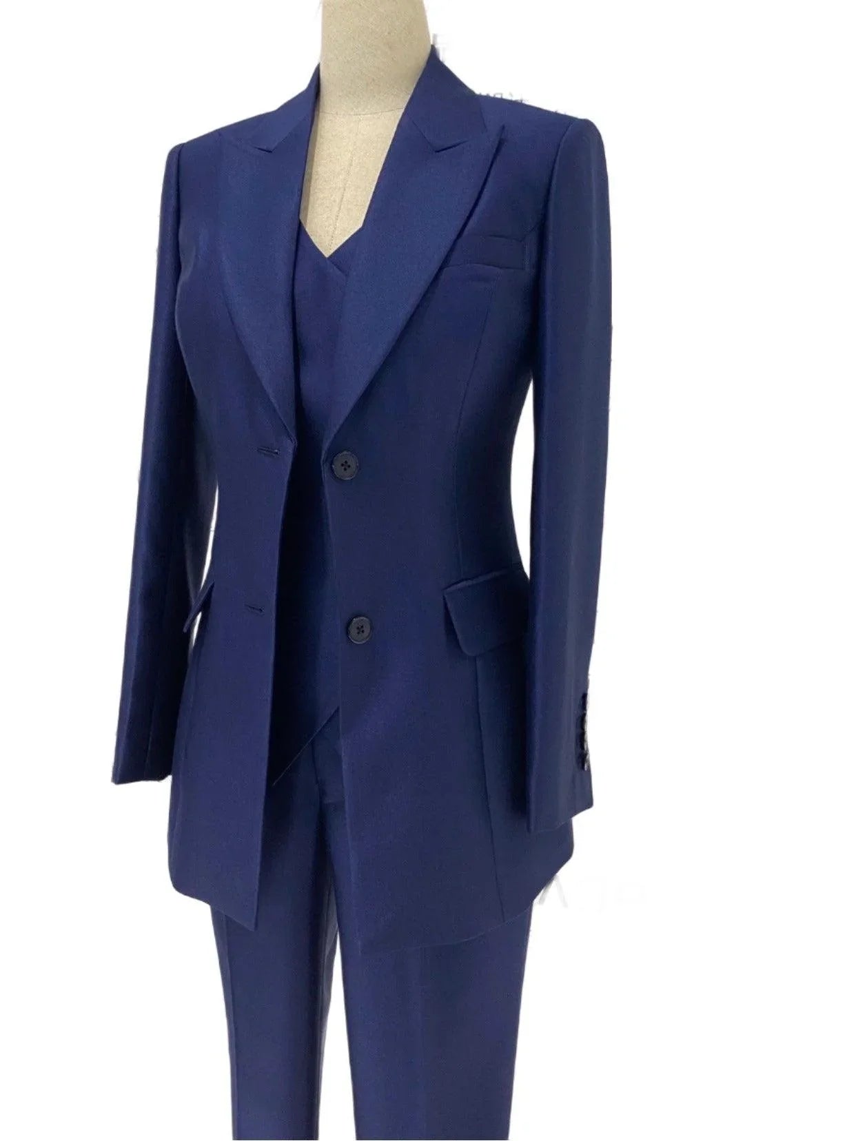 Elegant Women's Pant Suit - Solid Button - Navy