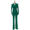 Elegant Women's Pant Suit - Solid Double-Breasted, Beige