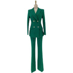 Elegant Women's Pant Suit - Solid Double-Breasted, Beige