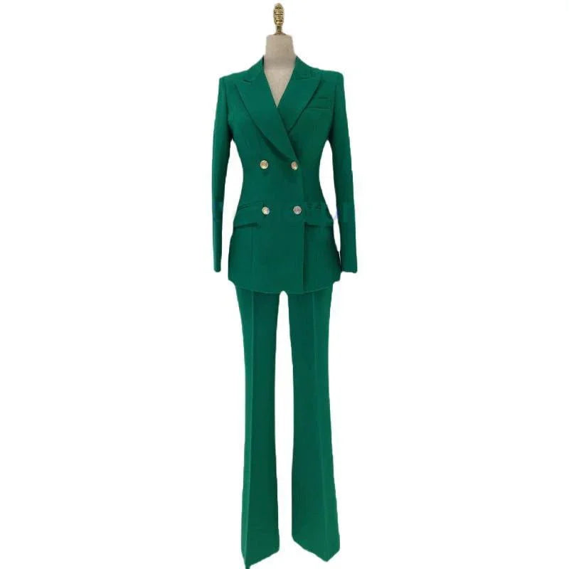 Elegant Women's Pant Suit - Solid Double-Breasted, Beige