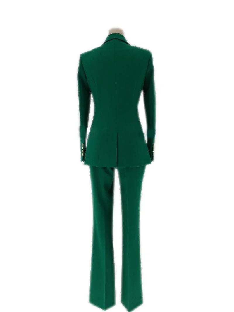 Elegant Women's Pant Suit - Solid Double-Breasted, Beige