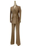 Elegant Women's Pant Suit - Solid Double-Breasted - Khaki