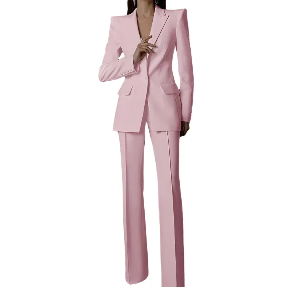 Elegant Women's Pant Suit - Solid Single-Breasted