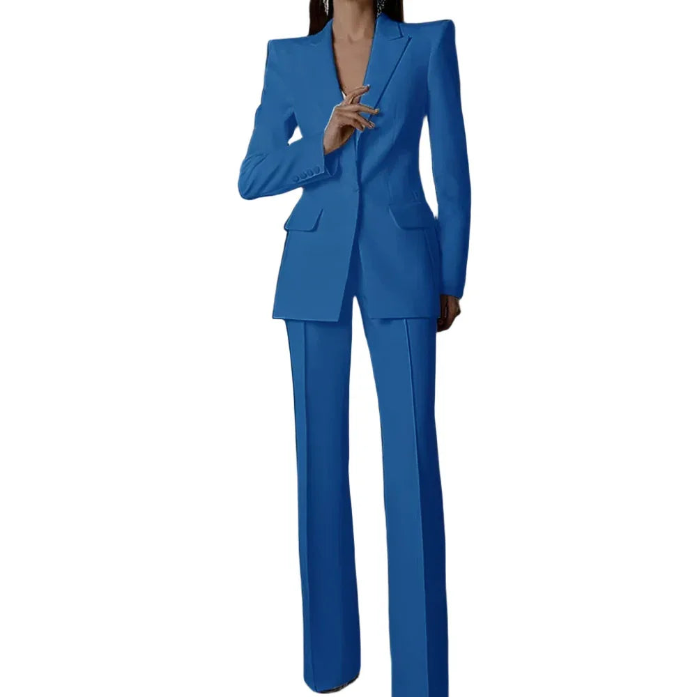 Elegant Women's Pant Suit - Solid Single-Breasted