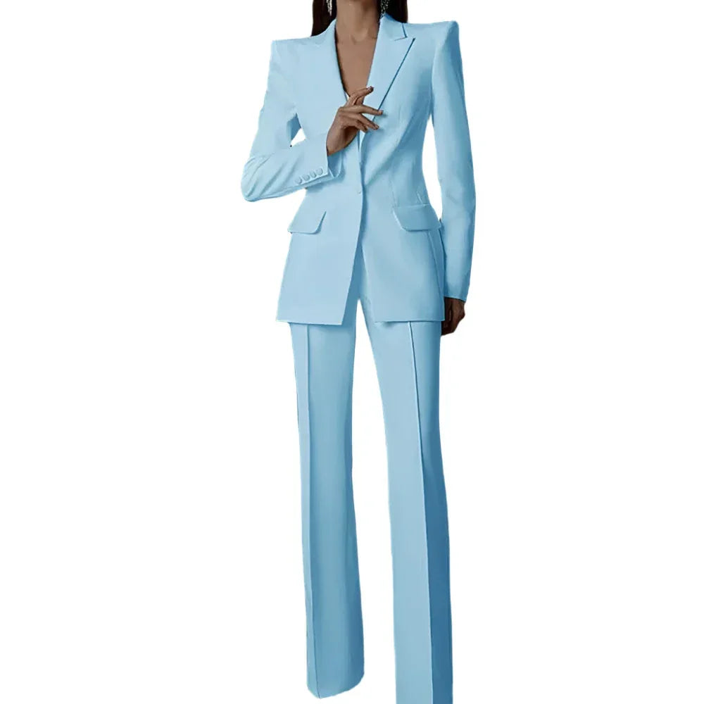 Light blue single-breasted women's pantsuit with wide-leg trousers fashion image