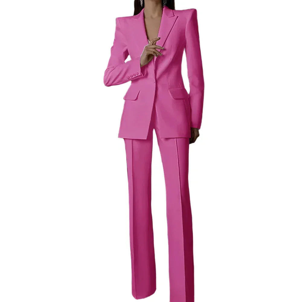 Elegant Women's Pant Suit - Solid Single-Breasted