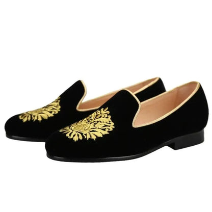 Embroidered Gold Floral Velvet Women Loafers - Loafer Shoes - Guocali