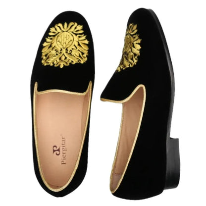 Embroidered Gold Floral Velvet Women Loafers - Loafer Shoes - Guocali