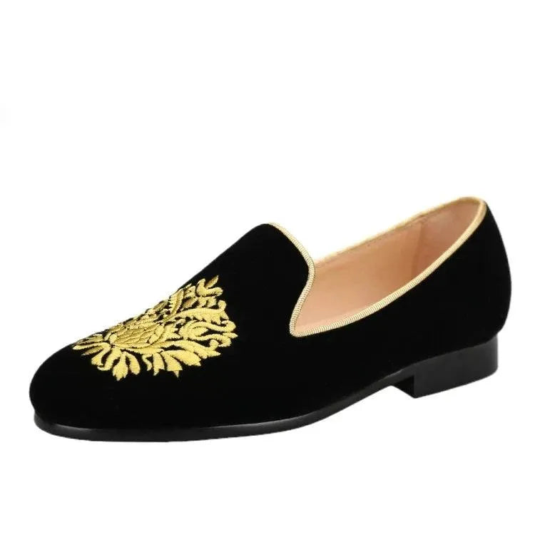 Embroidered Gold Floral Velvet Women Loafers - Loafer Shoes - Guocali