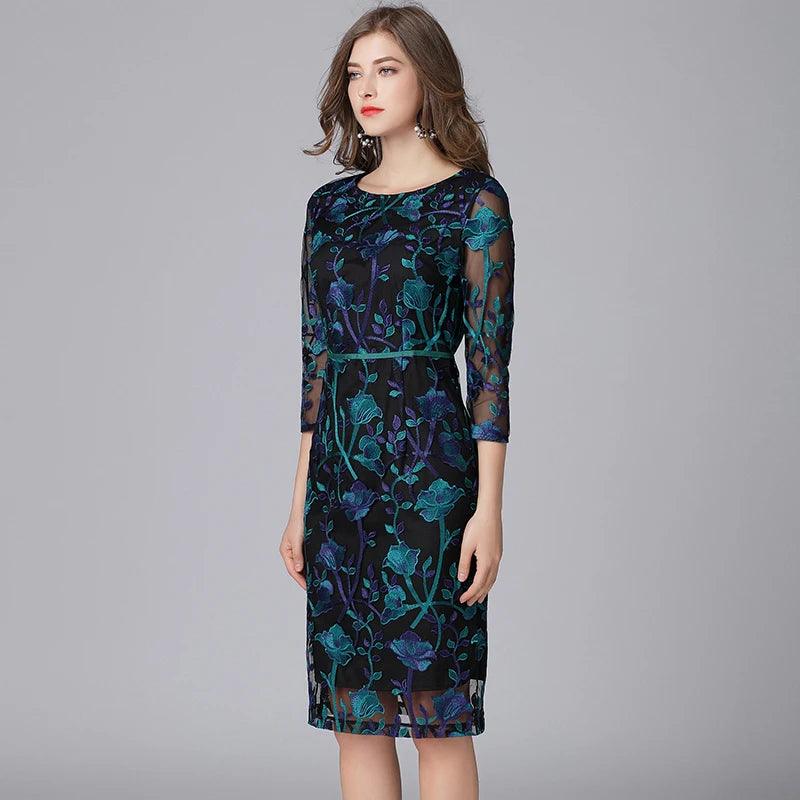 Embroidered Three-Quarter Knee-Length Lace Dress - Lace Dress - Guocali