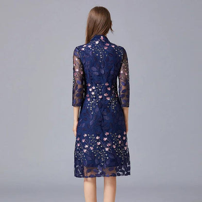 Embroidered V-Neck Floral Knee-Length Dress - Floral Dress - Guocali