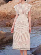 Embroidery Hollow Out Mid-Length Lace Dress -Guocali